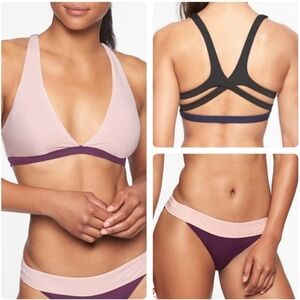 Athleta Swimsuit Mod Block Plunge Bikini Top & Bottom Set Pink Purple Size XL